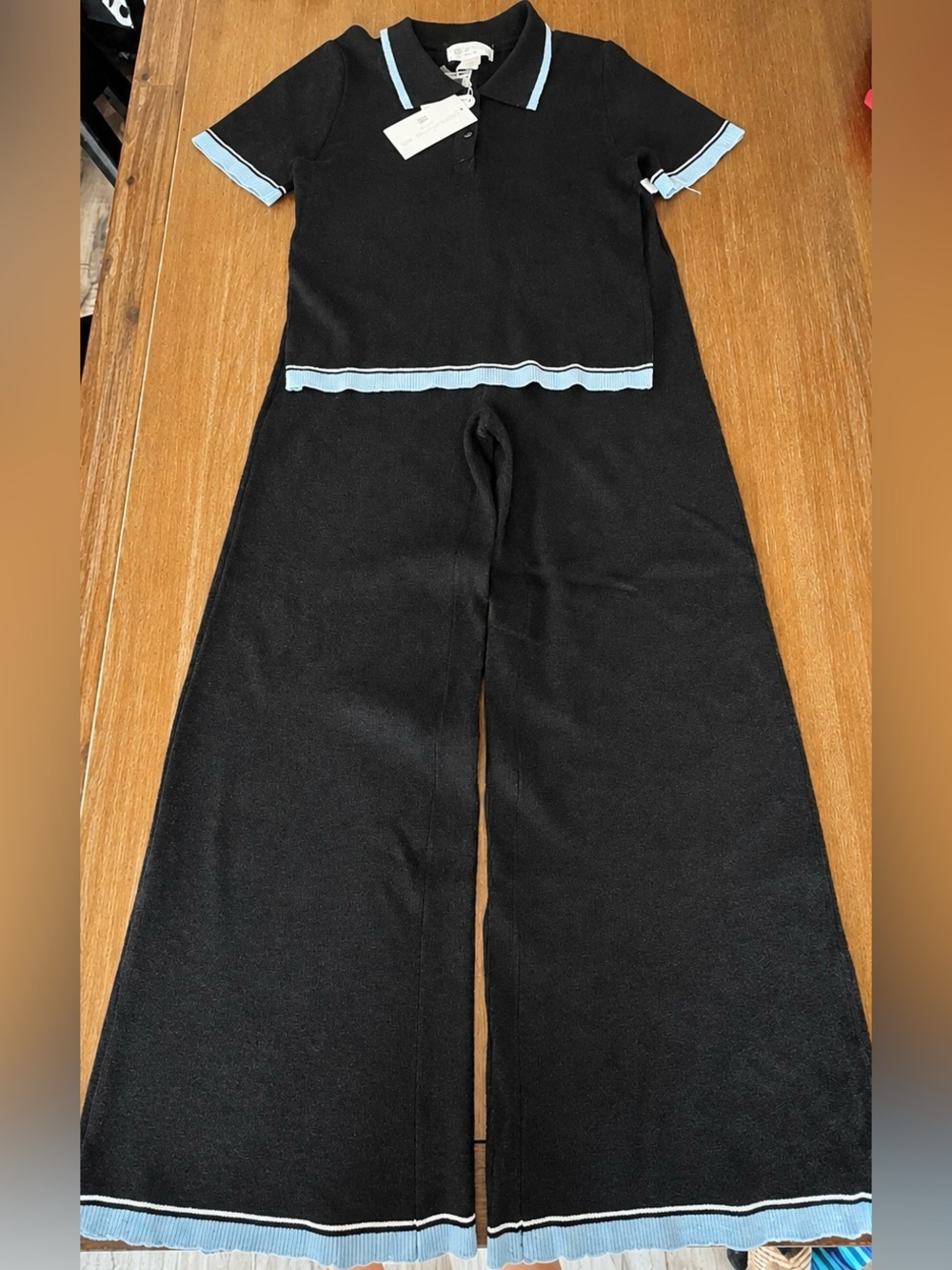 NWT Caroline Constas Knit Wide Leg Pant Leisure Set Grey & Blue